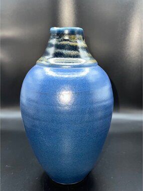 Handcrafted Signed Blue Ceramic Vase Gradient Neck Decorative Pottery 9.5” Tall